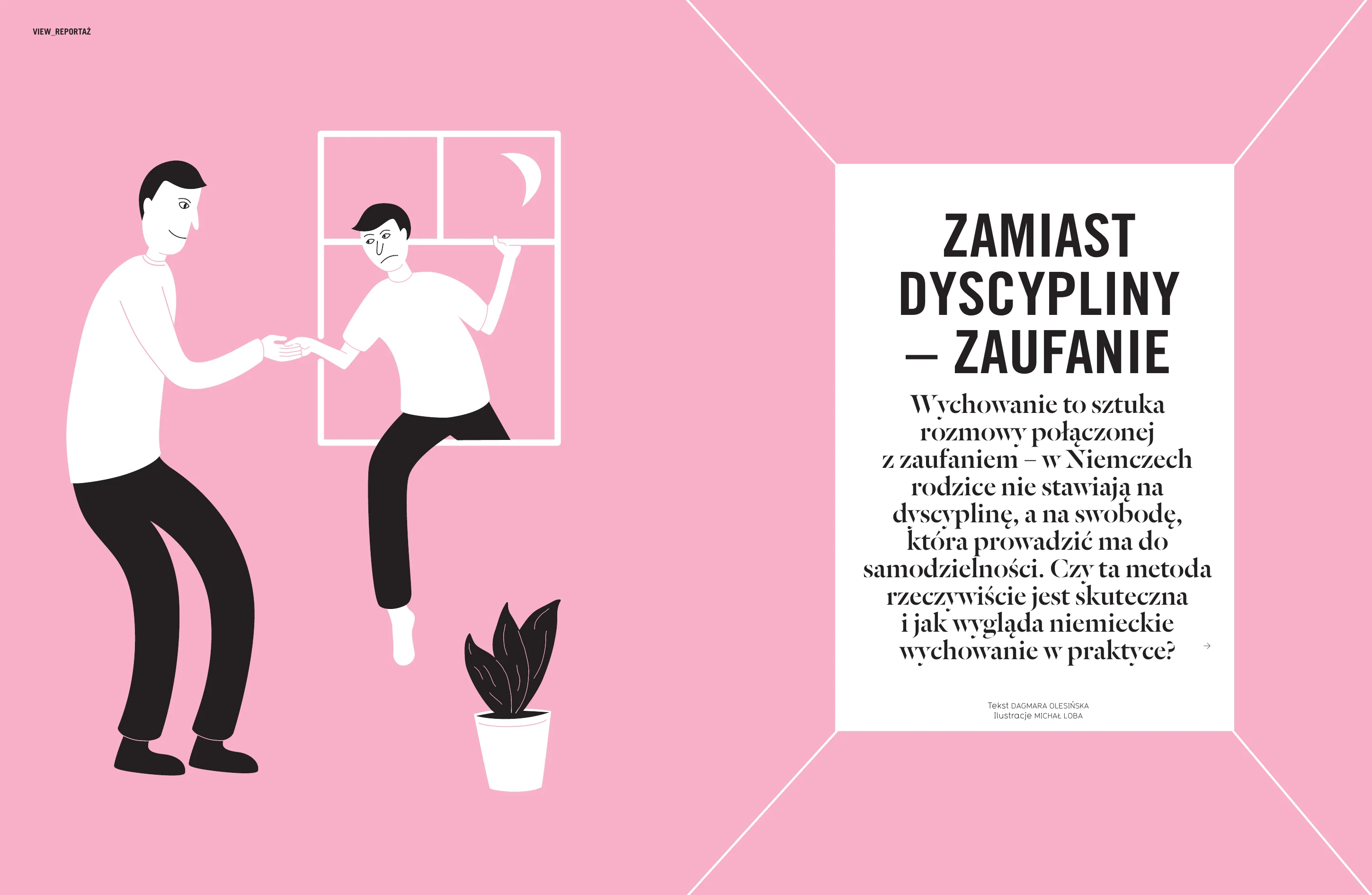 Ilustrowana na różowo pierwsza strona reportażu Zamiast dyscypliny – zaufanie